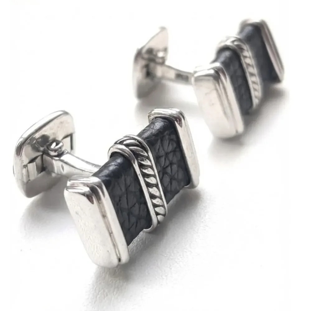 David Yurman Leather & Sterling Silver 925 Cufflinks